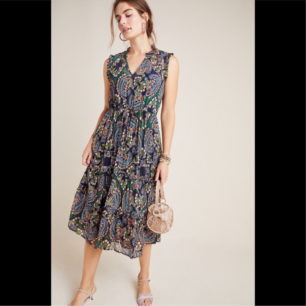 Anthropologie Elmira Ruffle Midi Dress Floral Paisley Blue Green Orange XS